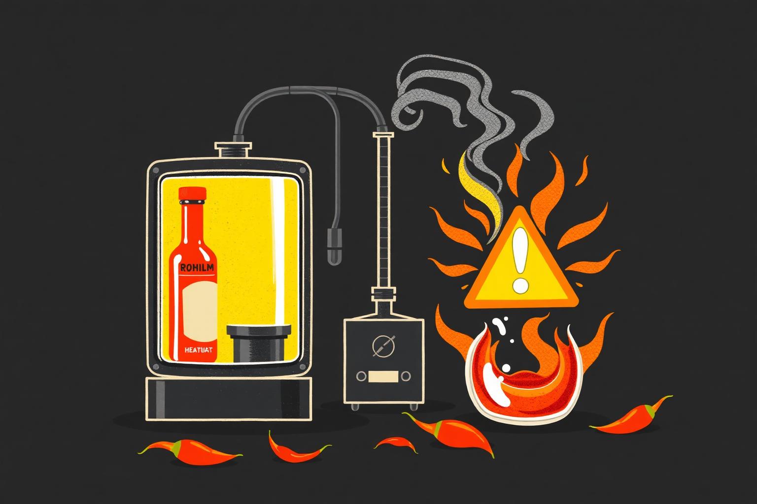 A red hot sauce bottle entering a laboratory heat-testing machine with a warning triangle flashing on the other side.